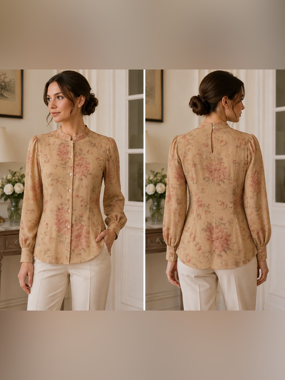Anne Klein Tan Floral Long-Sleeve Button Front Blouse